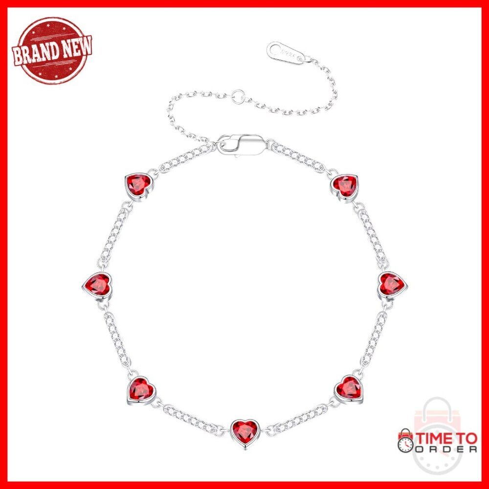 Sterling Silver Heart Birthstone Bracelet, 8" Adjustable, Anniversary Gift